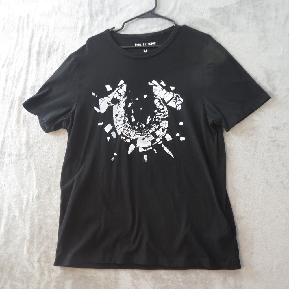 True Religion T Shirt Mens Large Black Shattered Horseshoe Graphic Cotton